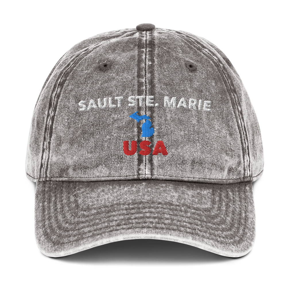 'Sault Ste. Marie USA' Vintage Baseball Cap (w/ Michigan Outline)