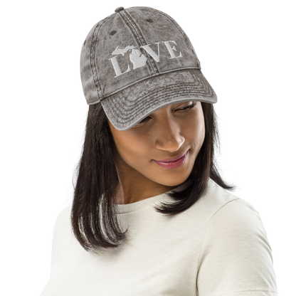 Michigan 'Love' Vintage Baseball Cap (Didone Font) | White Embroidery