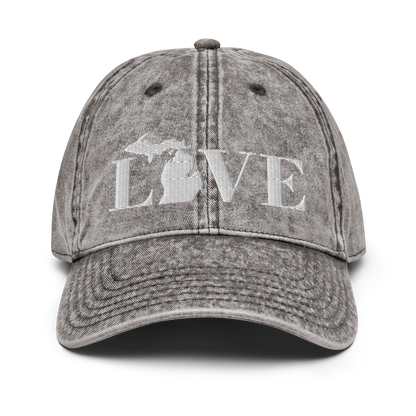 Michigan 'Love' Vintage Baseball Cap (Didone Font) | White Embroidery