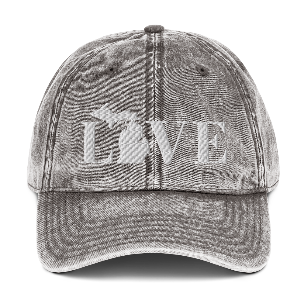 Michigan 'Love' Vintage Baseball Cap (Didone Font) | White Embroidery