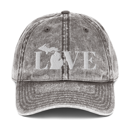 Michigan 'Love' Vintage Baseball Cap (Didone Font) | White Embroidery