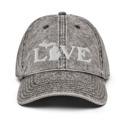 Michigan 'Love' Vintage Baseball Cap (Woodcut Font) | White Embroidery