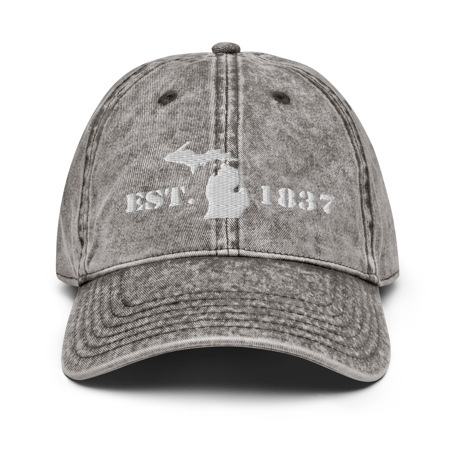 Michigan 'EST 1837' Vintage Baseball Cap (Army Font w/ MI Outline) | White Embroidery