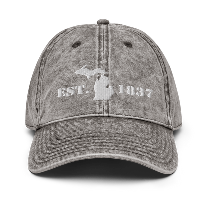 Michigan 'EST 1837' Vintage Baseball Cap (Army Font w/ MI Outline) | White Embroidery