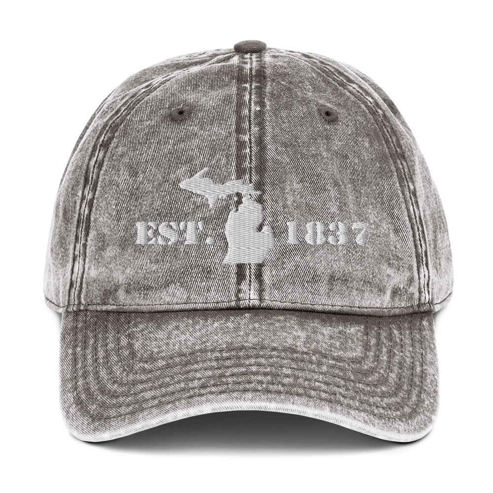 Michigan 'EST 1837' Vintage Baseball Cap (Army Font w/ MI Outline) | White Embroidery