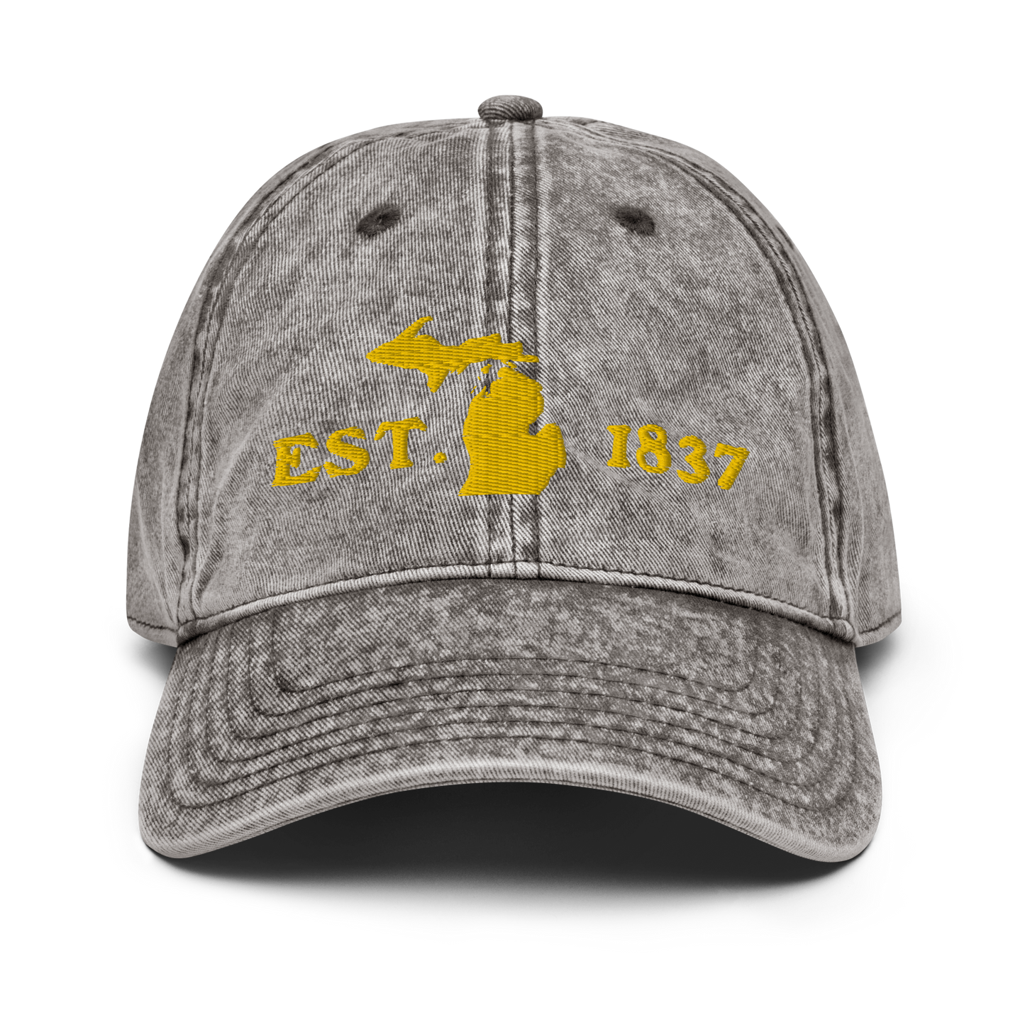 Michigan 'EST 1837' Vintage Baseball Cap (Woodcut Font w/ MI Outline) | Gold Embroidery