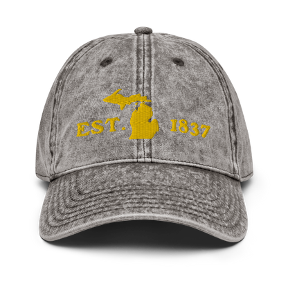 Michigan 'EST 1837' Vintage Baseball Cap (Woodcut Font w/ MI Outline) | Gold Embroidery