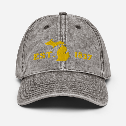 Michigan 'EST 1837' Vintage Baseball Cap (Woodcut Font w/ MI Outline) | Gold Embroidery