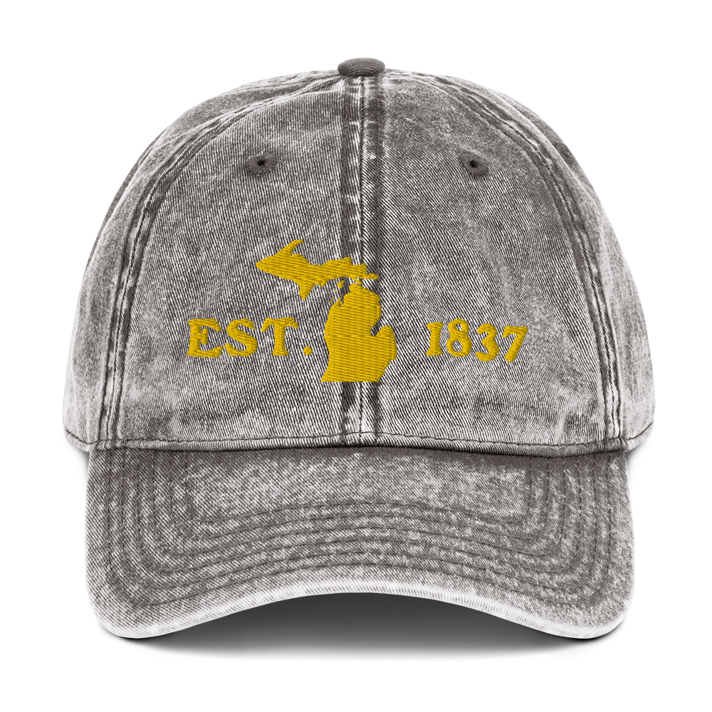 Michigan 'EST 1837' Vintage Baseball Cap (Woodcut Font w/ MI Outline) | Gold Embroidery