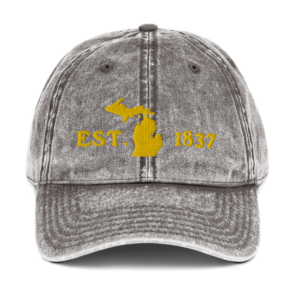 Michigan 'EST 1837' Vintage Baseball Cap (Woodcut Font w/ MI Outline) | Gold Embroidery