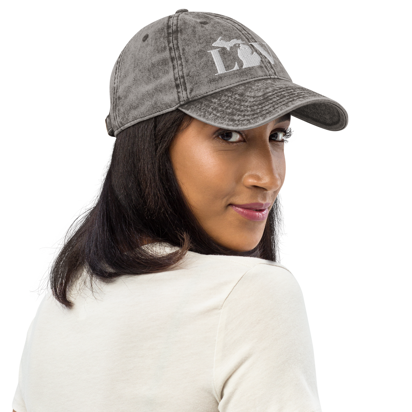 Michigan 'Love' Vintage Baseball Cap (Didone Font) | White Embroidery