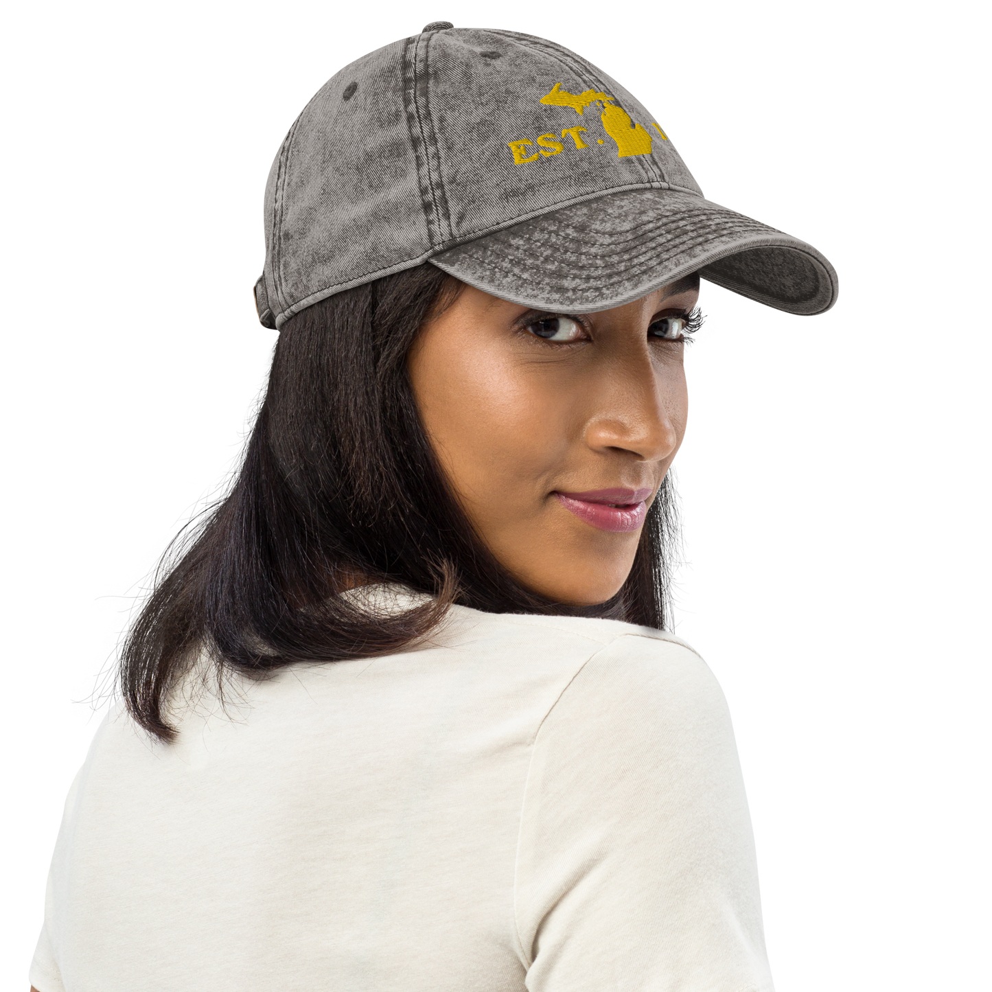 Michigan 'EST 1837' Vintage Baseball Cap (Woodcut Font w/ MI Outline) | Gold Embroidery