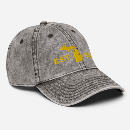 Michigan 'EST 1837' Vintage Baseball Cap (Woodcut Font w/ MI Outline) | Gold Embroidery