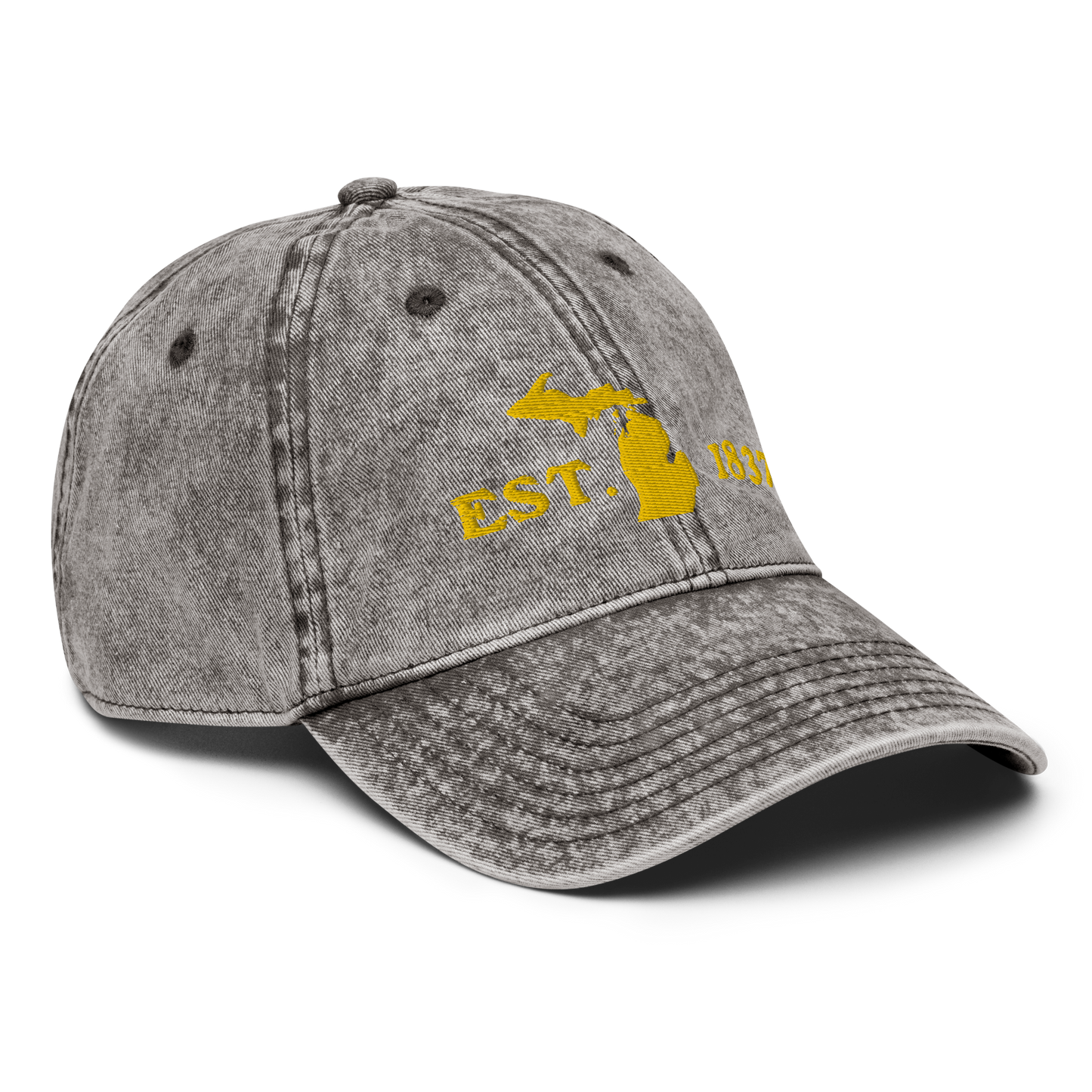 Michigan 'EST 1837' Vintage Baseball Cap (Woodcut Font w/ MI Outline) | Gold Embroidery