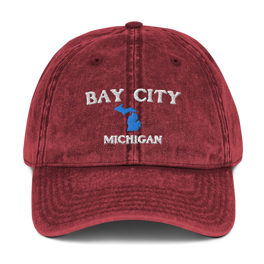 'Bay City Michigan' Vintage Baseball Cap (w/ Michigan Outline)