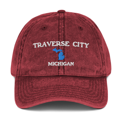 'Traverse City Michigan' Vintage Baseball Cap (w/ Michigan Outline)