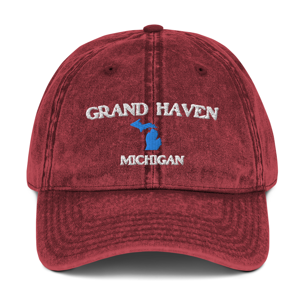 'Grand Haven Michigan' Vintage Baseball Cap (w/ Michigan Outline)