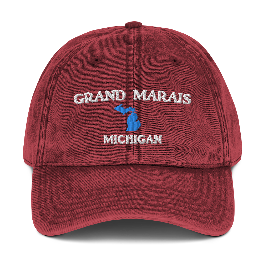 'Grand Marais Michigan' Vintage Baseball Cap (w/ Michigan Outline)