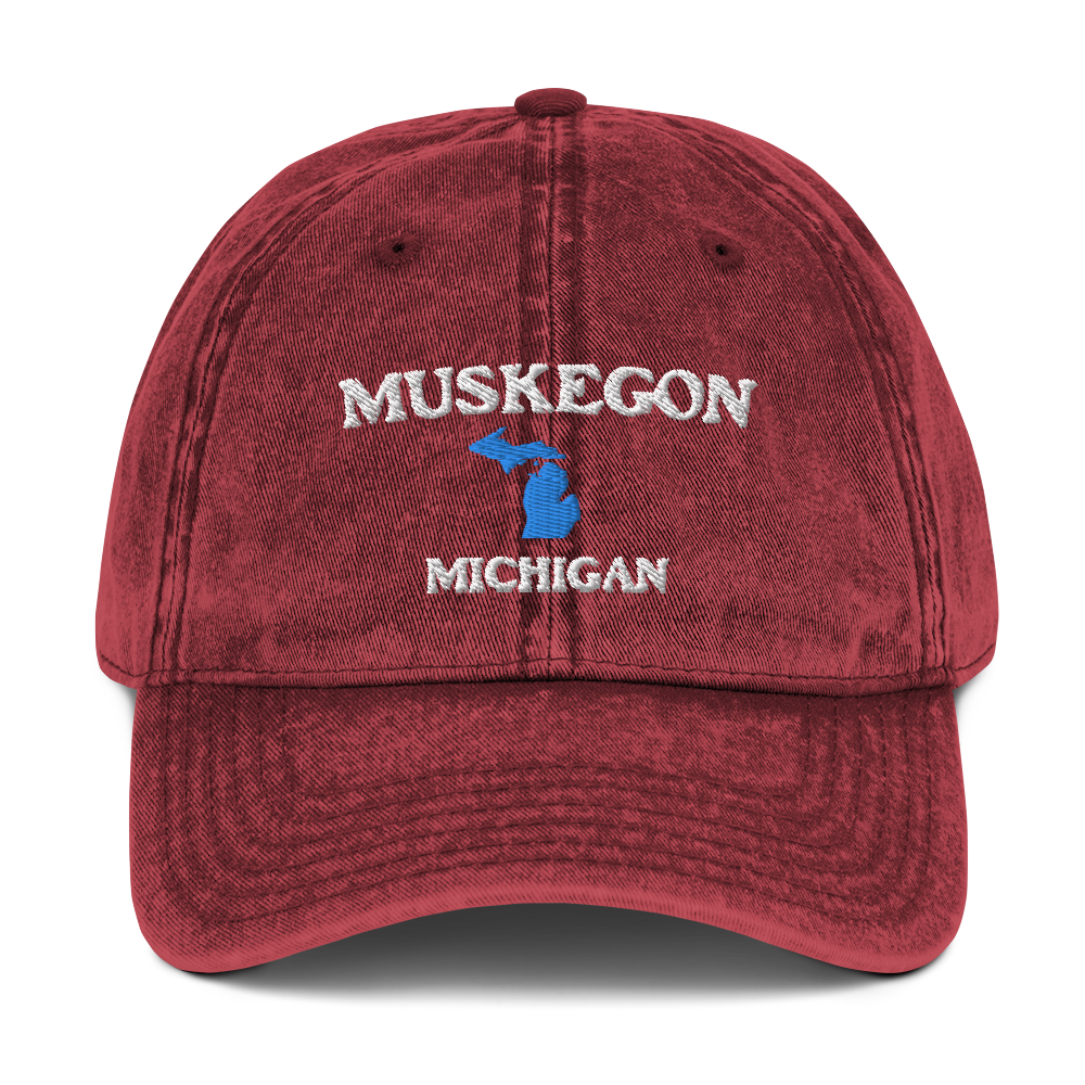 'Muskegon Michigan' Vintage Baseball Cap (w/ Michigan Outline)