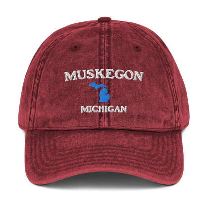 'Muskegon Michigan' Vintage Baseball Cap (w/ Michigan Outline)