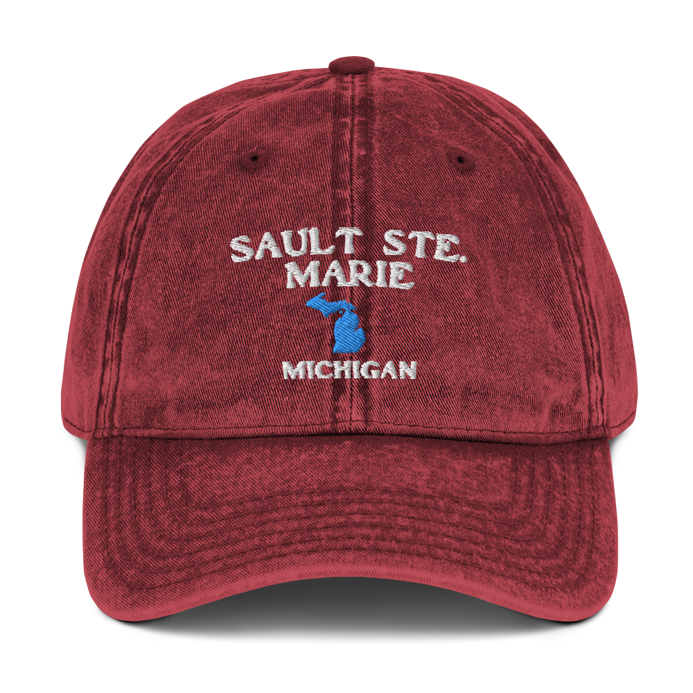 'Sault Ste. Marie' Vintage Baseball Cap (w/ Michigan Outline)