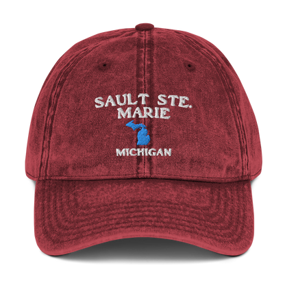 'Sault Ste. Marie' Vintage Baseball Cap (w/ Michigan Outline)