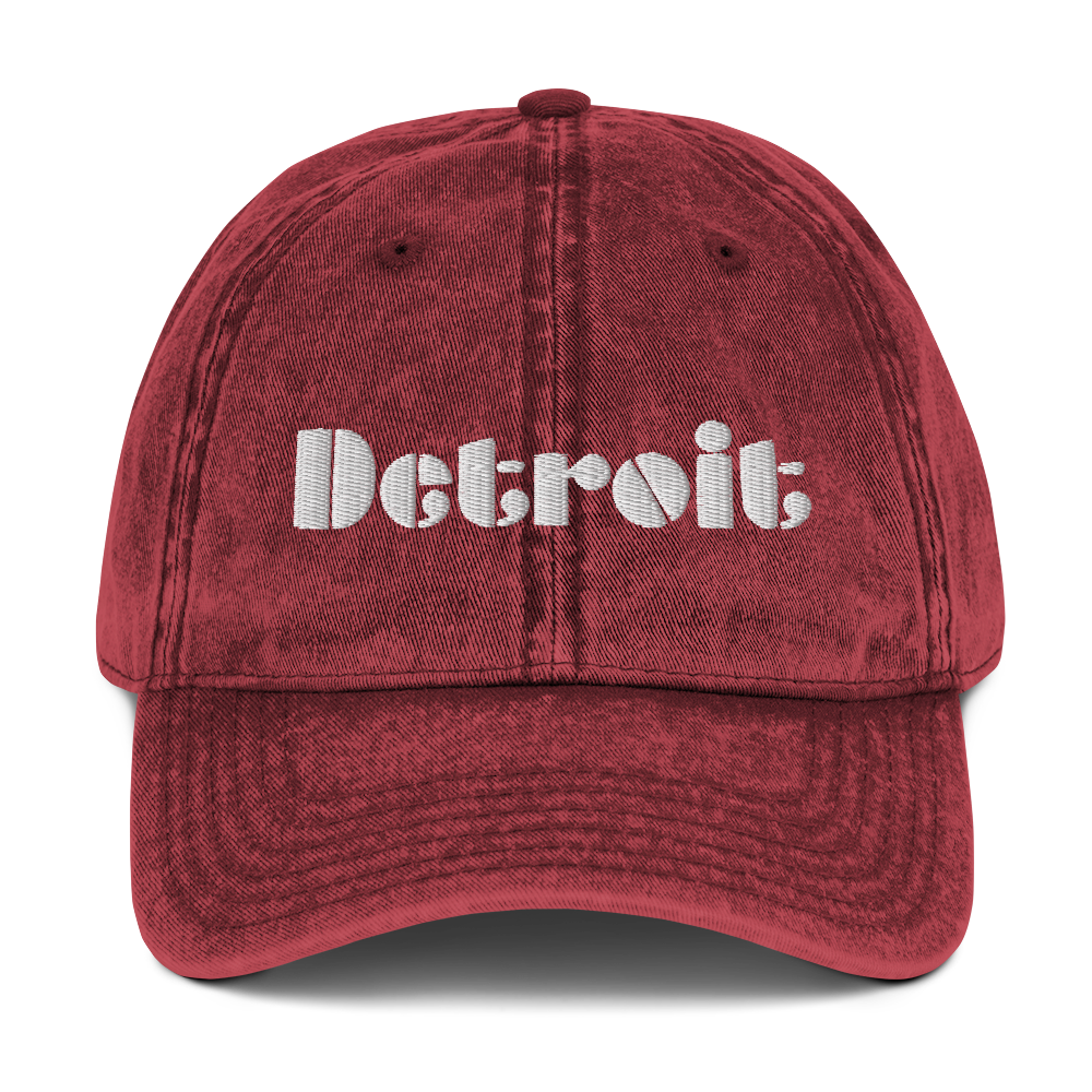 'Detroit' Vintage Baseball Cap (Art Deco Font) | White/Black Embroidery