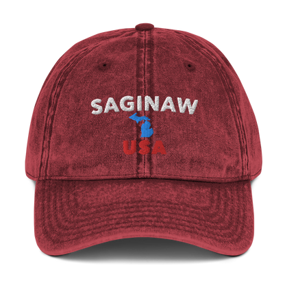 'Saginaw USA' Vintage Baseball Cap (w/ Michigan Outline)