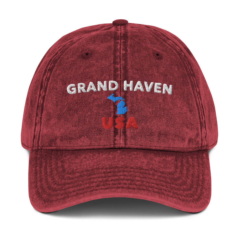 'Grand Haven USA' Vintage Baseball Hat (w/ Michigan Outline)