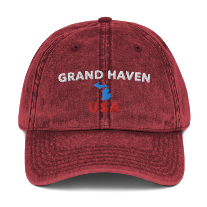 'Grand Haven USA' Vintage Baseball Hat (w/ Michigan Outline)