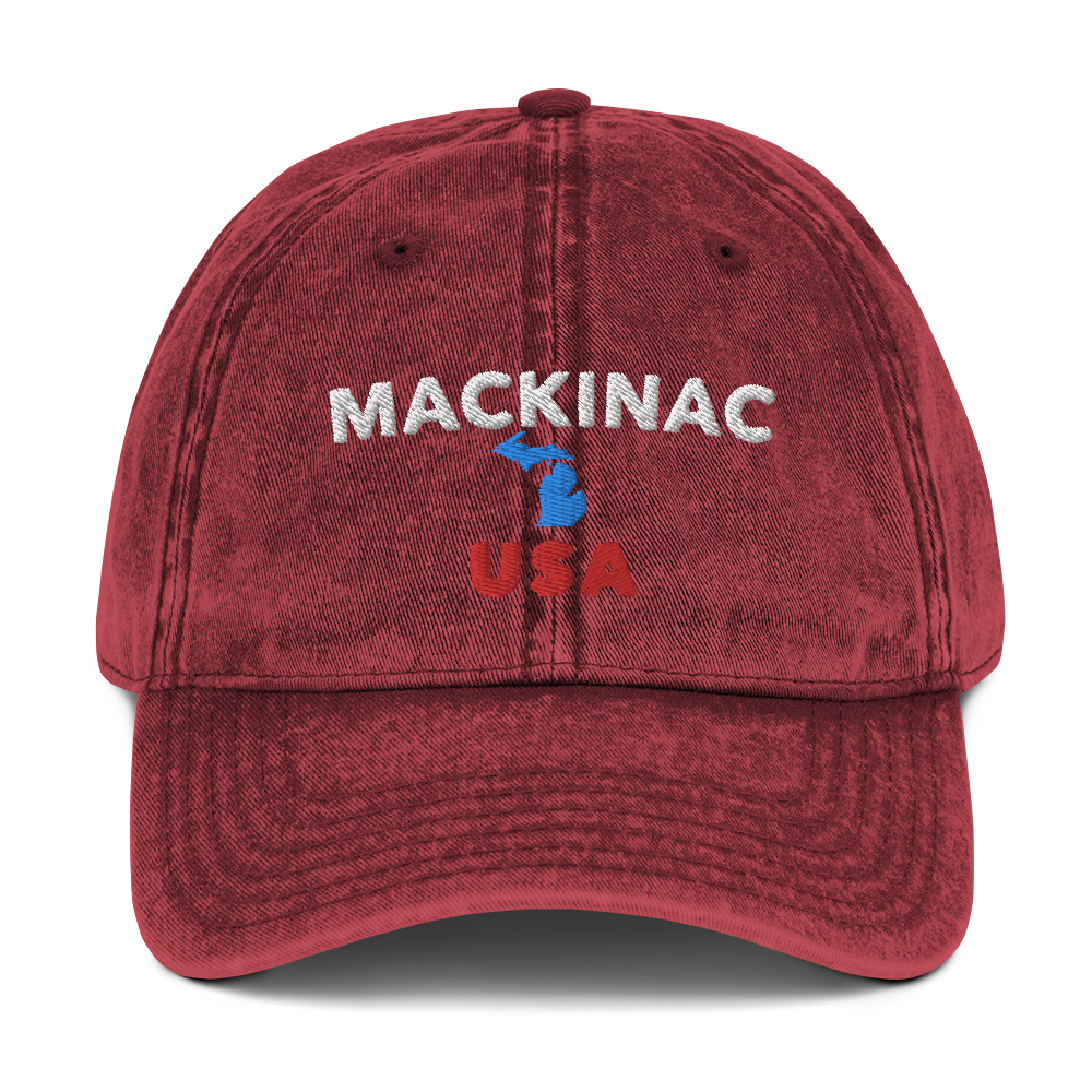 'Mackinac USA' Vintage Baseball Cap (w/ Michigan Outline)