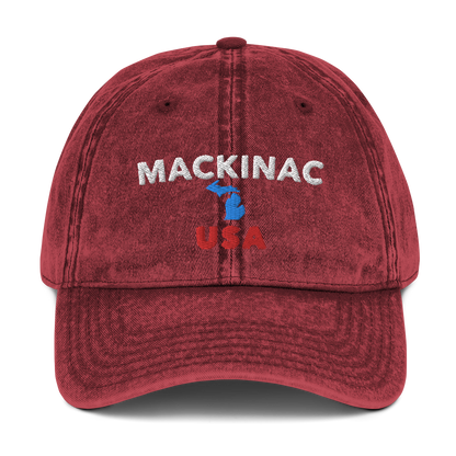 'Mackinac USA' Vintage Baseball Cap (w/ Michigan Outline)