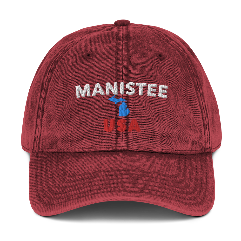 'Manistee USA' Vintage Baseball Cap (w/ Michigan Outline)