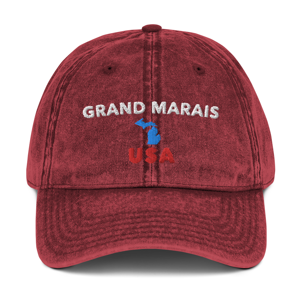 'Grand Marais USA' Vintage Baseball Cap (w/ Michigan Outline)