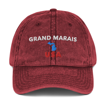 'Grand Marais USA' Vintage Baseball Cap (w/ Michigan Outline)