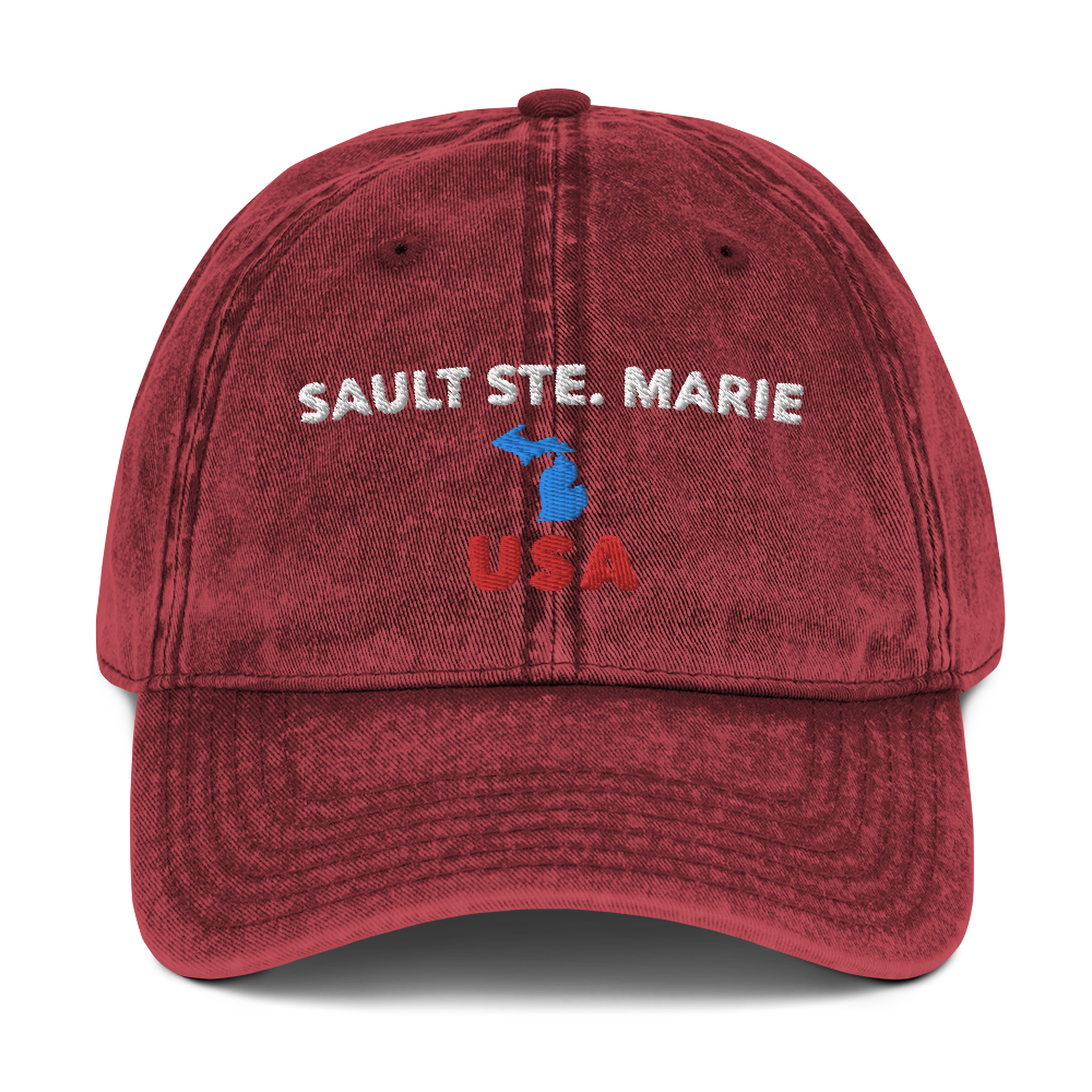 'Sault Ste. Marie USA' Vintage Baseball Cap (w/ Michigan Outline)