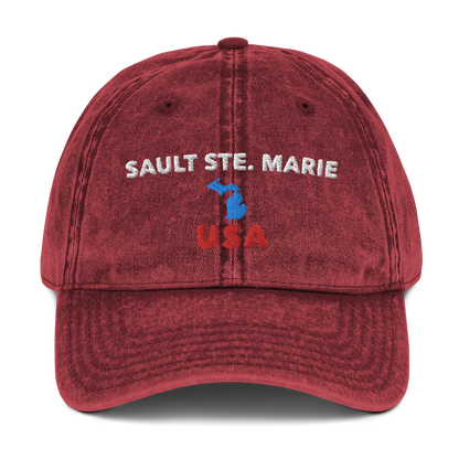 'Sault Ste. Marie USA' Vintage Baseball Cap (w/ Michigan Outline)