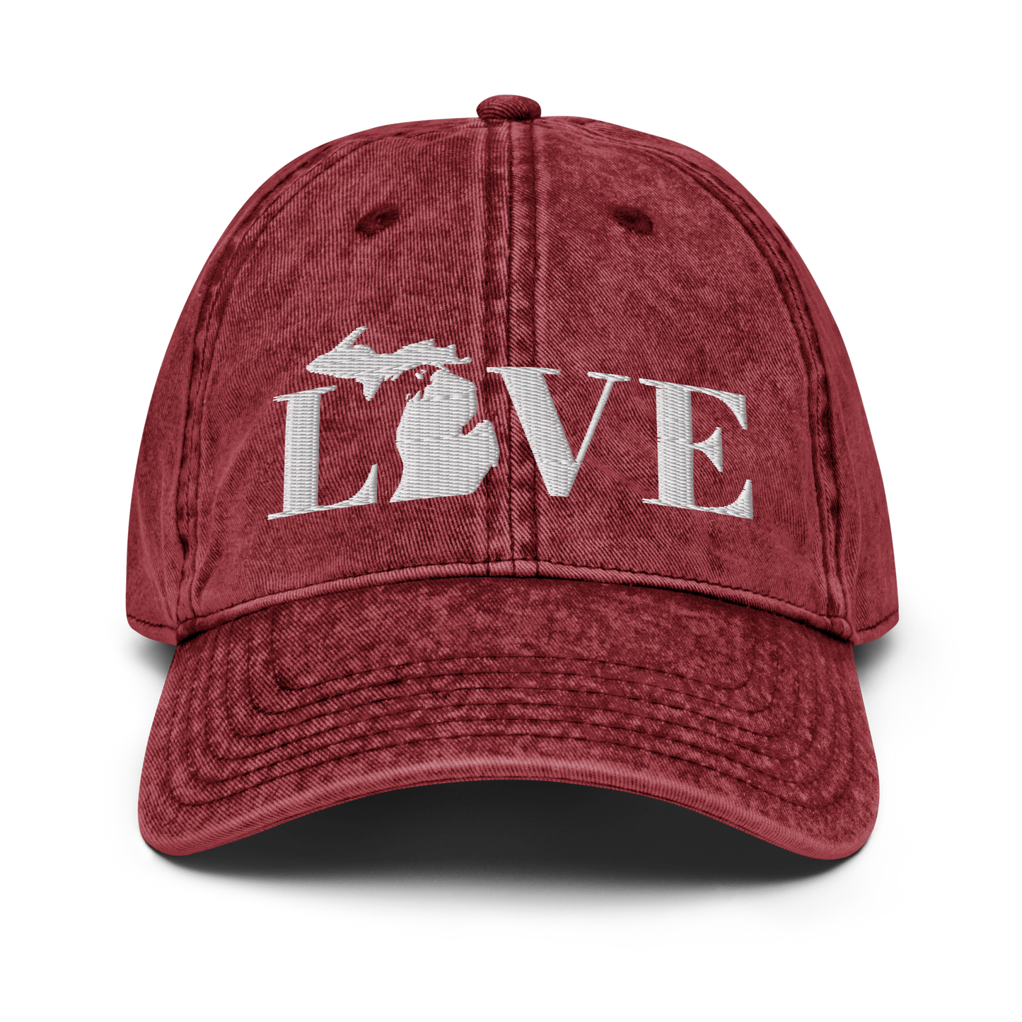 Michigan 'Love' Vintage Baseball Cap (Didone Font) | White Embroidery