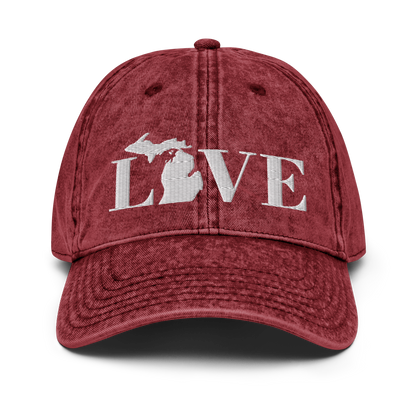 Michigan 'Love' Vintage Baseball Cap (Didone Font) | White Embroidery