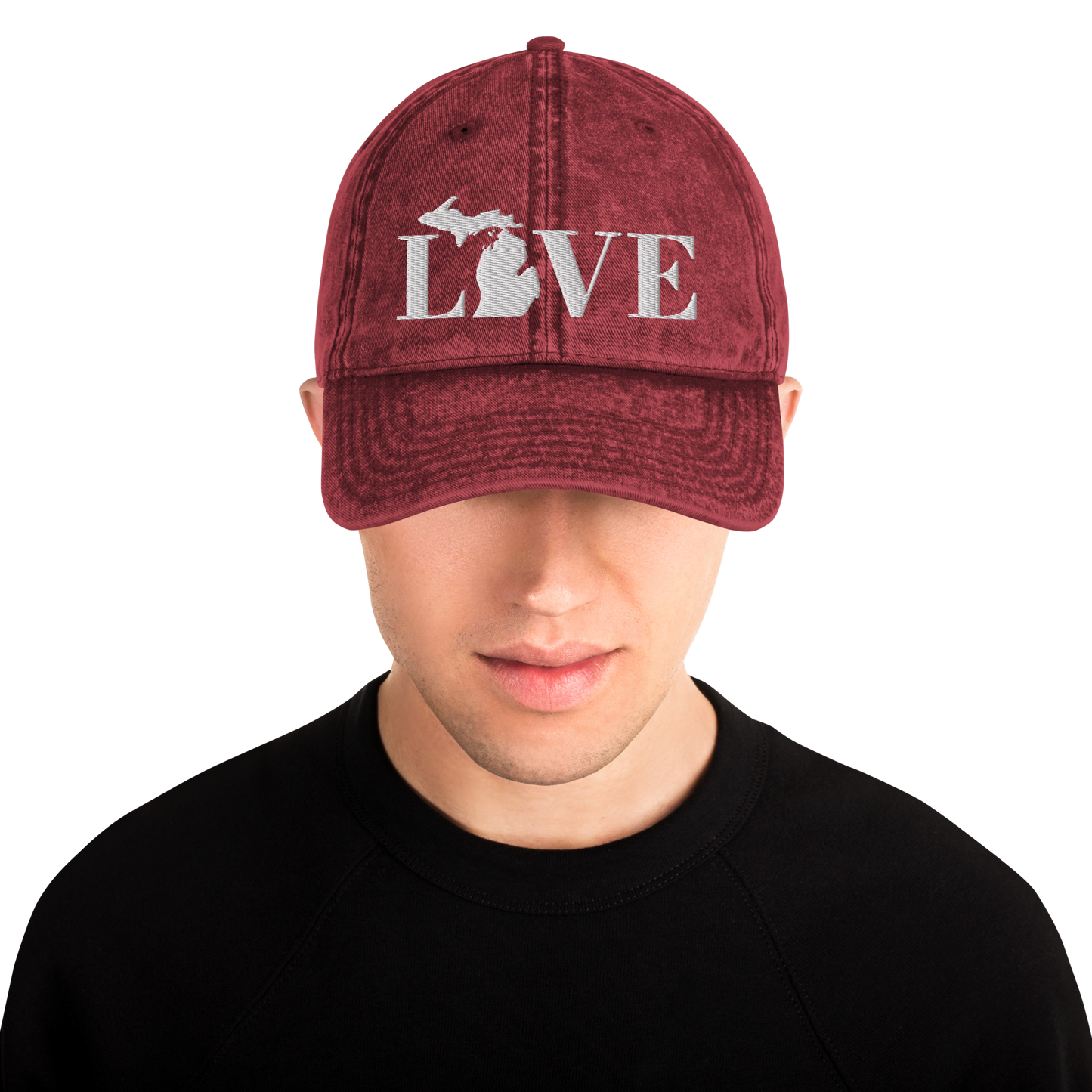 Michigan 'Love' Vintage Baseball Cap (Didone Font) | White Embroidery