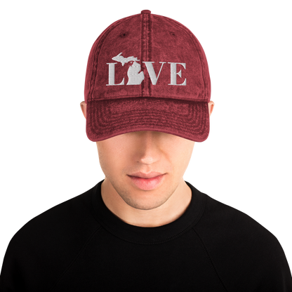 Michigan 'Love' Vintage Baseball Cap (Didone Font) | White Embroidery