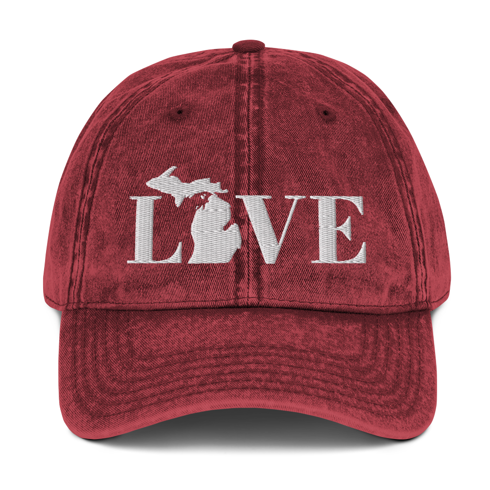 Michigan 'Love' Vintage Baseball Cap (Didone Font) | White Embroidery