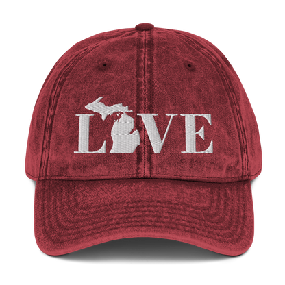 Michigan 'Love' Vintage Baseball Cap (Didone Font) | White Embroidery