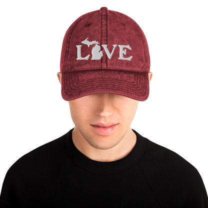 Michigan 'Love' Vintage Baseball Cap (Woodcut Font) | White Embroidery