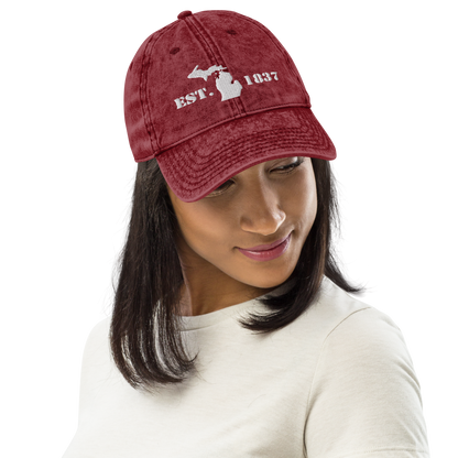 Michigan 'EST 1837' Vintage Baseball Cap (Army Font w/ MI Outline) | White Embroidery