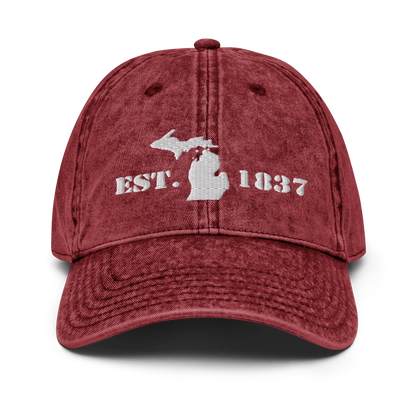 Michigan 'EST 1837' Vintage Baseball Cap (Army Font w/ MI Outline) | White Embroidery