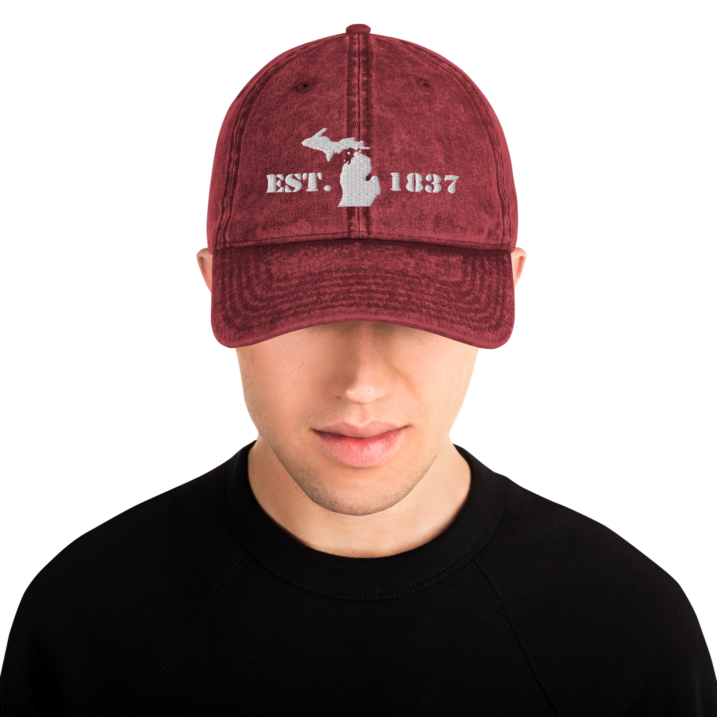 Michigan 'EST 1837' Vintage Baseball Cap (Army Font w/ MI Outline) | White Embroidery