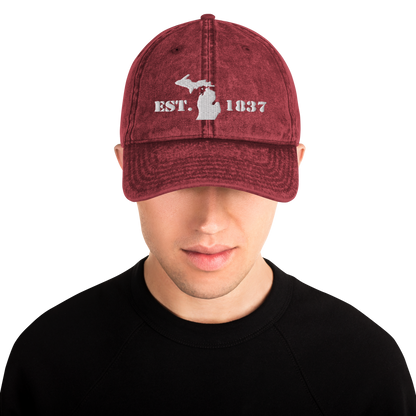 Michigan 'EST 1837' Vintage Baseball Cap (Army Font w/ MI Outline) | White Embroidery