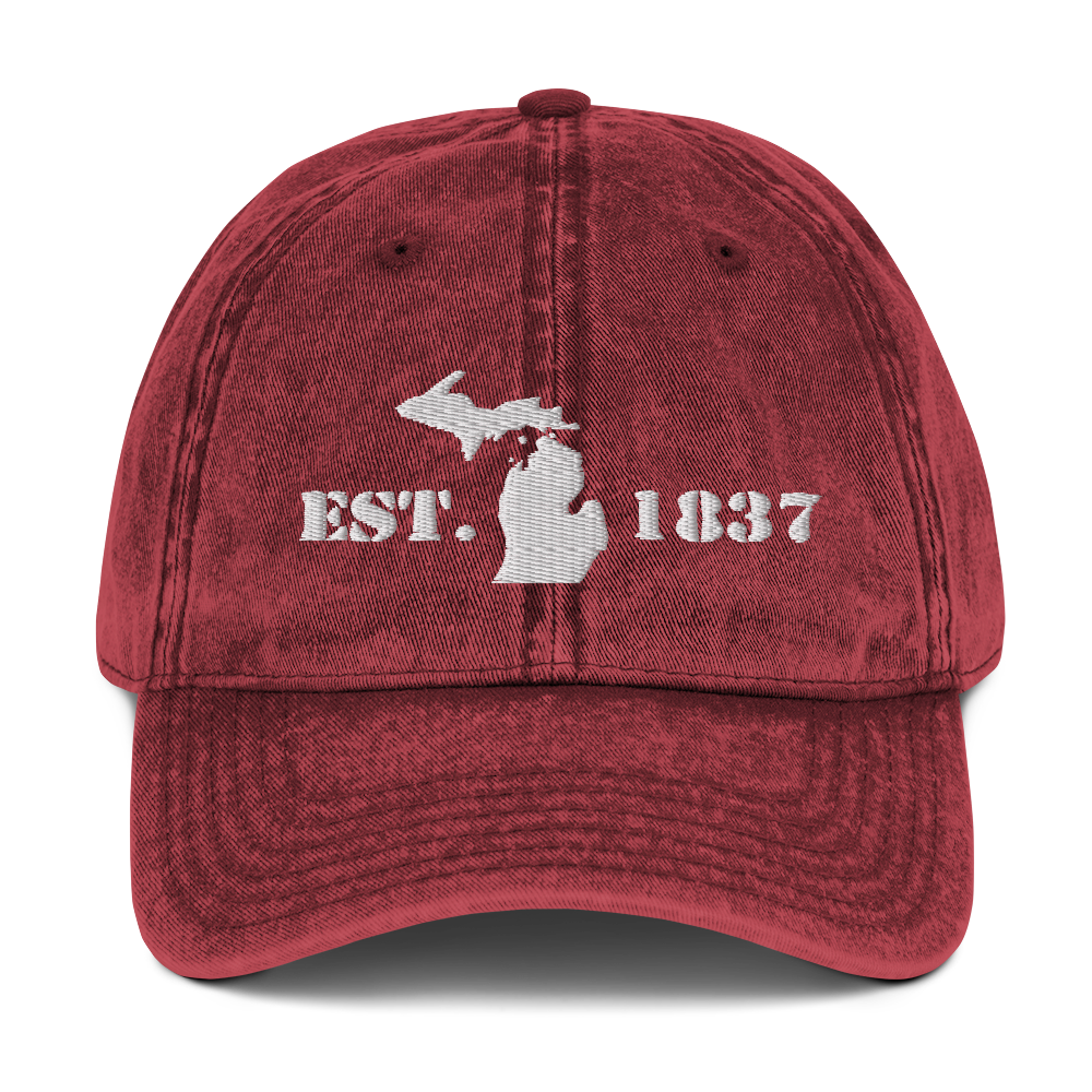 Michigan 'EST 1837' Vintage Baseball Cap (Army Font w/ MI Outline) | White Embroidery