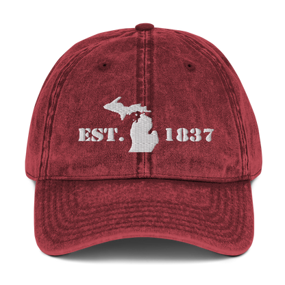 Michigan 'EST 1837' Vintage Baseball Cap (Army Font w/ MI Outline) | White Embroidery